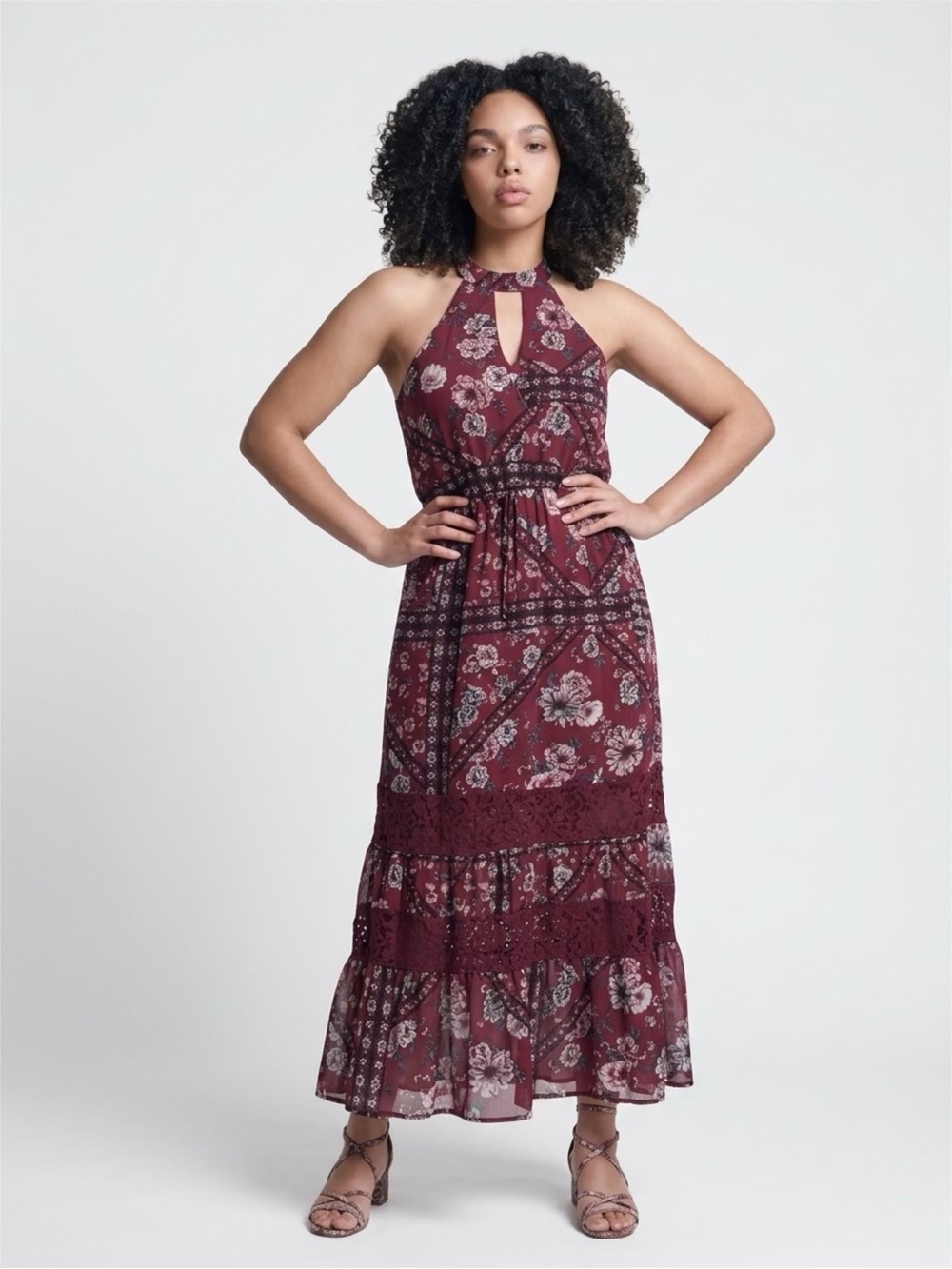 American Rag (W) Boho Burgundy Keyhole Halter Maxi Dress S Floral Lace Tiered